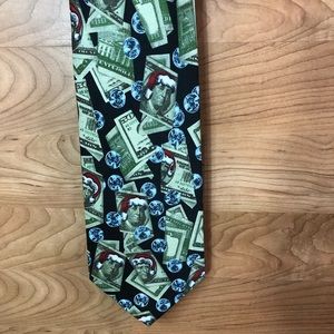 Vintage Black Money Tie W/Bills and Coins and President Faces w/Santa Hat
